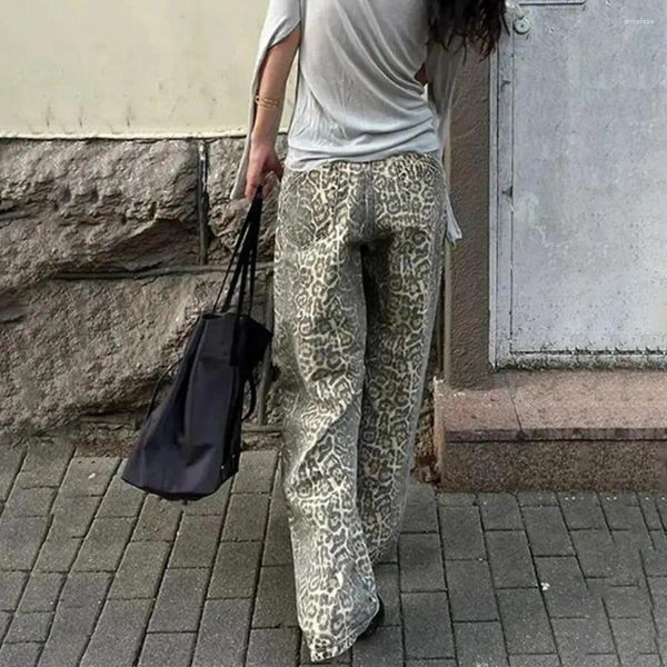 Женские джинсы Unisex Leopard Print Широкая нога для женщин, мужские, ретро -уличная одежда, джинсовая банки с хмель