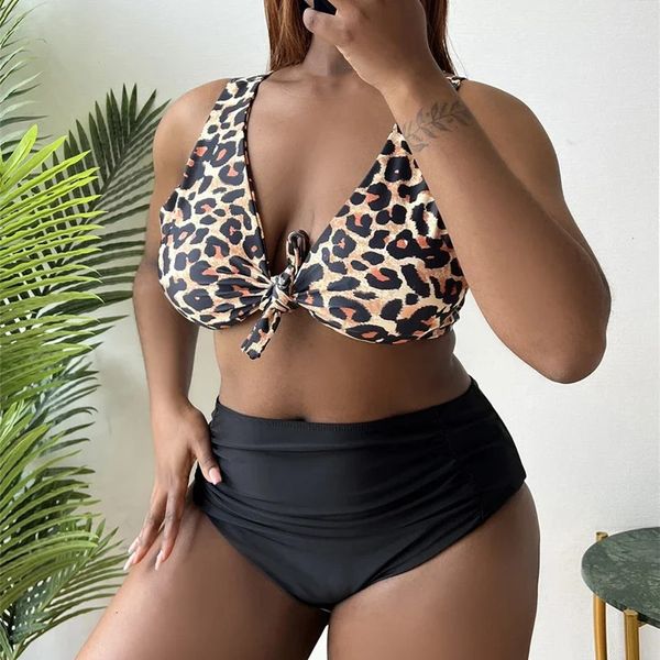 Frau großer Größe 4xl Badeanzug Leopard Patchwork Bikini Set sexy niedrig geschnittene Tieup Badebekleidung High Taille Biquini Badeanzug 240416