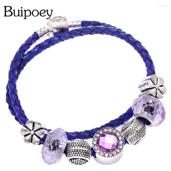 Charm Bracelets Buipoey Mode lila Strassleder -Lederarmband Weibchen Juwely Doppelfein Frauen