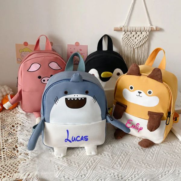 Mochilas de mochilas personalizadas Bordadas bordadas de pinguim de tubarão para crianças bolsas escolares no jardim de infância desenho animado de menino adorável menino mochila