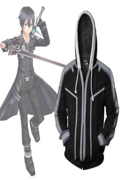 ASIAN TAGNO Giappone Anime Sword Art Online Kirito Cosplay Costume 3D Giacca con cerniera a maniche lunghe con cerniera con cappuccio 2852894