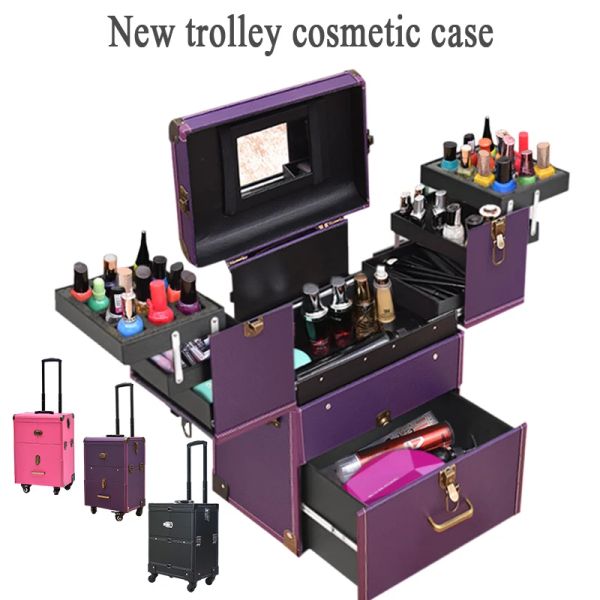 Gepäck Frauen Neue Trolley -Kosmetikkoffer Koffer auf Rädern, Nägel Make -up -Werkzeugbox, Multifunktions Schönheitskasten -Reisetasche gegen Rolling Gepäck