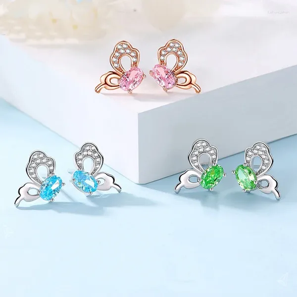 Orecchini per borchie autentica 925 sterling in argento verde blu zircone rosa farfalla cavo farfalle regali di gioielli per donne