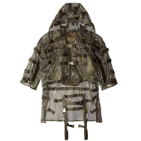 Pacote roupas de nylon malha respirável Ghillie Roupas de volta com 3L de bolso de água de bolso de bolso de caça ao ar livre de capa de capuz destacável