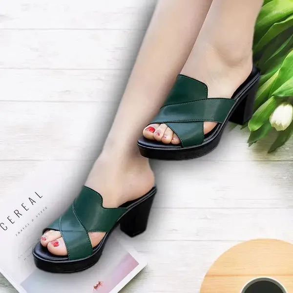 Salpistas de verão verde/preto/vinho sandálias femininas e calcanhar grosso Mãe de salto alto Casual Sapatos Plataforma de Sandália