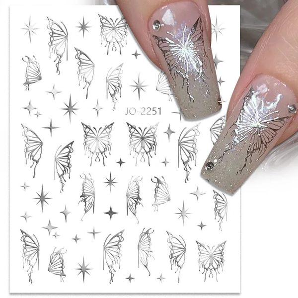 Silber Metal Butterfly 3D Nagelaufkleber Golden Stern Mondkleber Slitter Glitter Art Decal Maniküre Dekoration 240418