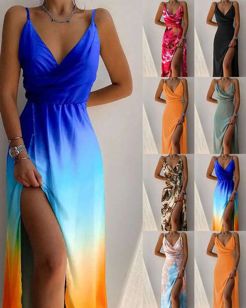 Designerin Frauenkleidung Mode 2024 Sommer Urban Casual Damenkleid mit großer Schwung Frauen Schlinge geteiltes Kleid Bodycon v Hals Schwarze Cocktailkleid GGNW