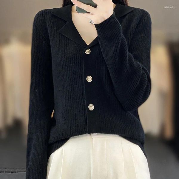 Женские трикотаж DJZDSM Женщины мериносовые шерстяные костюмы с воротником Slim Cardigan Classic All-Match Base Sweater 2024 Модель