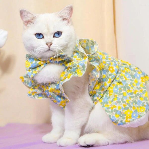 Trajes de gato vestido de estimação de animais de estimação respirável leve conjunto com mangas saia de estampa de flores combinando -cocar adorável para cães