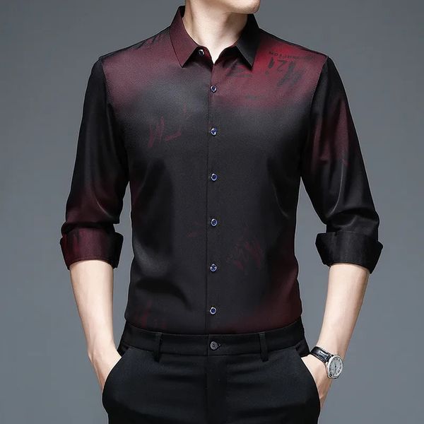 Vinho vermelho preto mass camisetas de moda de manga longa Men Slim Fit WrinkleResistant Soft Noniron Quality Masculino 240409