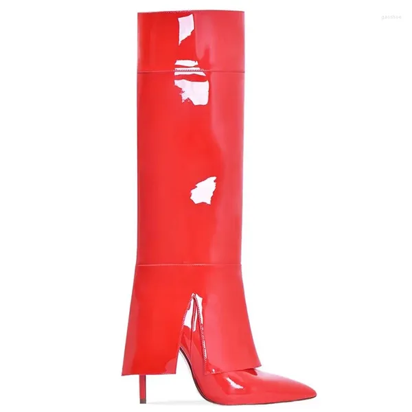 Stiefel rotes Patentlederspitzer Zehenkombination Hosen WASCHER Winter 2024 brauner kniehohe Stiletto-Slip-On-Stiefelschuhe für Frauen