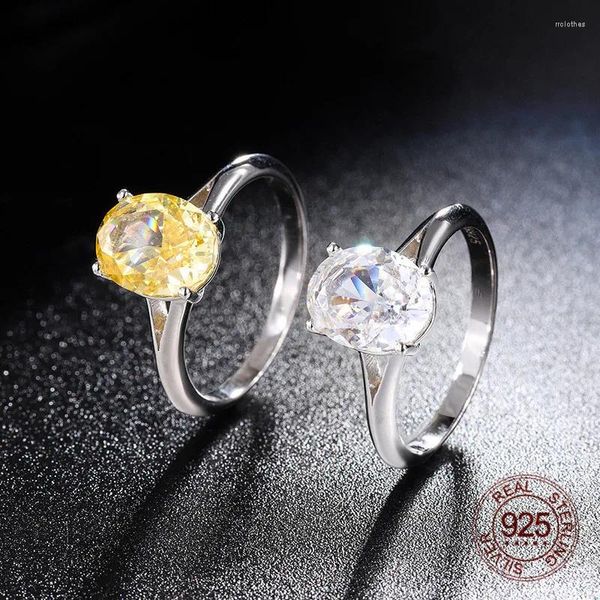 Anéis de cluster 8x10mm forma de ovo limpo cor amarelo cortada 5 alto carbono diamante 925 anel de prata esterlina