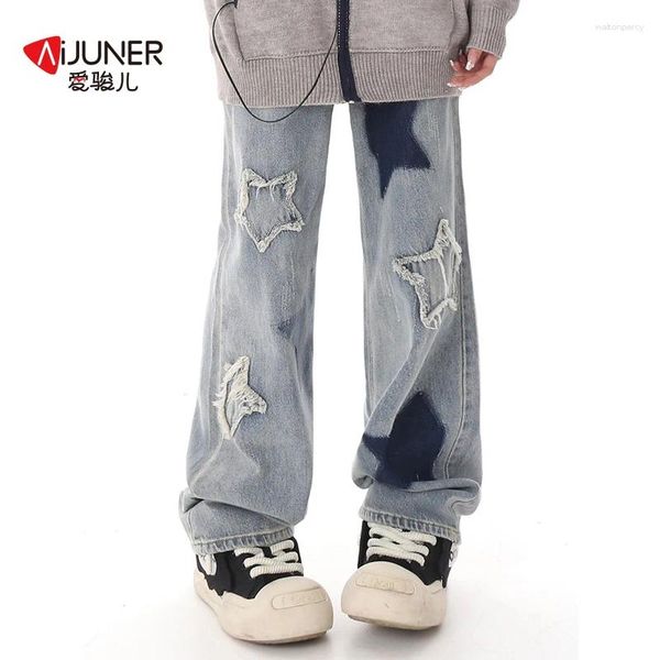 Женские джинсы aijuner высокая талия Y2K Fashion Women Star Printed Blue Straight Goge Denim Bants Брюки мама Джин Бэгги