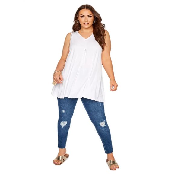 Womens Plus Size T-Shirt Elegant Fi Sommer Ärmelweste Bluse Frauen weiße Tunika Falten Flare Hemd große Tanktops 7xl 8xl P0U OTMQ6