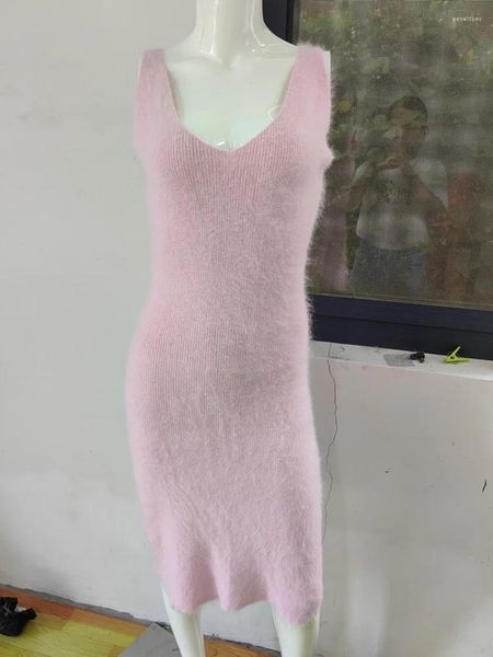 Повседневные платья светло -розовое пушистое платье V шея корма кашемиро