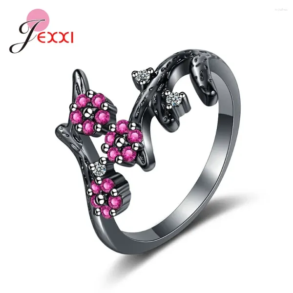 Clusterringe Persönlichkeit Design Schwarzer Waffe niedliche Fuchsia Crystal Flower Open für Frauen Party Kühl verstellbarer Ringschmuck