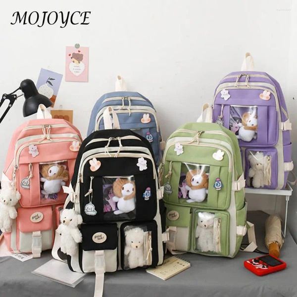 Schultaschen 5pcs/Set Kawaii Women Rucksack Korean Cute Knapsack Student Gurt große Kapazität Schoolbag Draw String Beutel Geldbörse