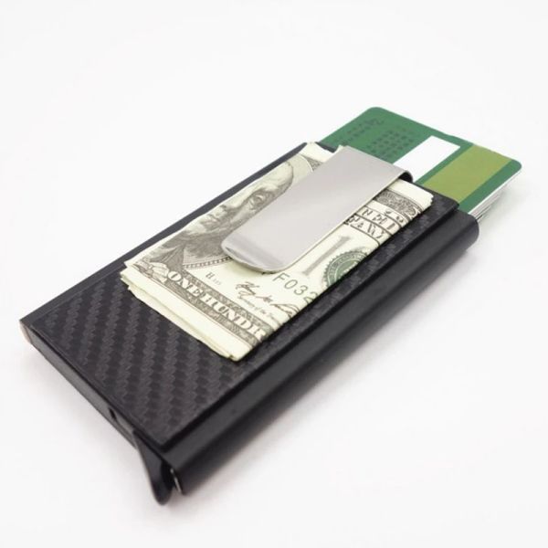 Halter Mini Slim Wallet Automatic Slide Card Case Carbon Faser PU Leder RFID Wallets Aluminium -ID Cash Credit Card Inhaber Clip