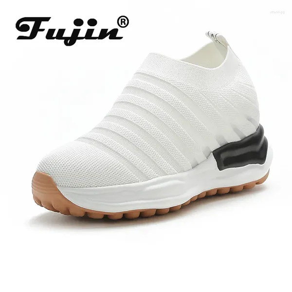 Sapatos casuais Fujin 7cm plataforma cunha tênis malha de ar respirável womebn verão grossa no deslizamento slipony slipon spring