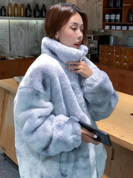 Pur 2024 feminina mid -comprimento Taque de cabelos tingido Casaco coreano Versão coreana solta e elegante de colarinho em pé de colarinho