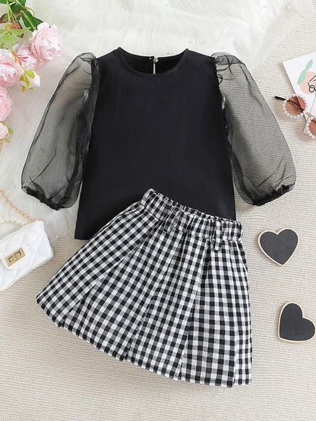 Roupas Conjuntos de 2-5 anos de menina de menina 2 peças Mesh Mesh Mesh Manga Longa Camisa e saia A-line xadrez Para meninas