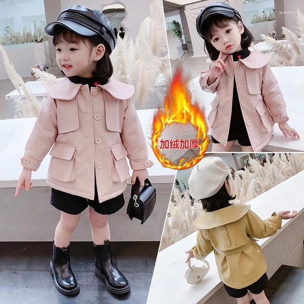 Daunenmantel Baby Girls 'Winterjacke Kurzes Plüschfutter dickes Leder 1-7 Jahre Big Pocket Belt Puppenkragen Mädchen Mädchen