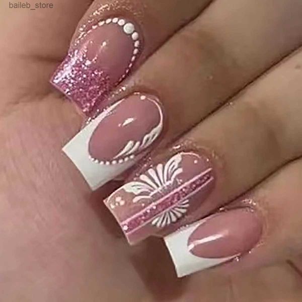 False unhas 24pcs unhas falsas artificiais com cola curta de balé francês unhas falsas desenhos de flores brancas gradiente de flores prensas de capa completa nas unhas y240419