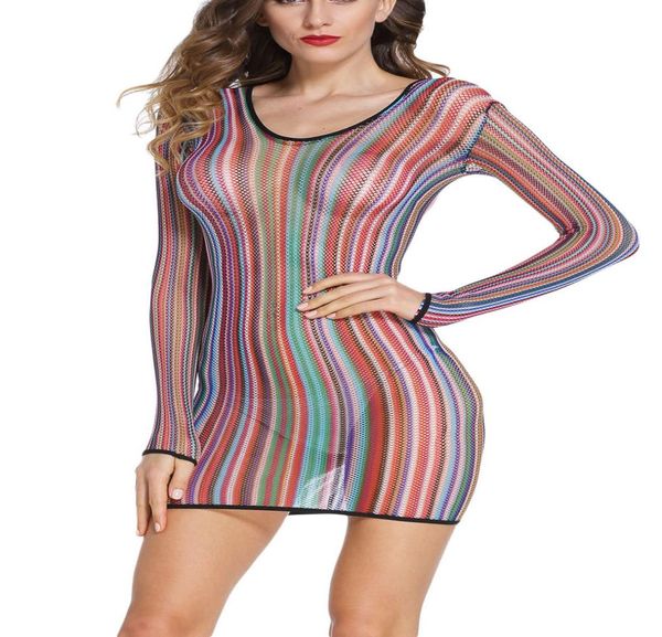 Frauen sexy Set Stripe Fishnet Langarm Chemise Kleid Regenbogen Farbe runder Nacken transparent ein Stück Dessous Babydoll Pyjamas S4928767