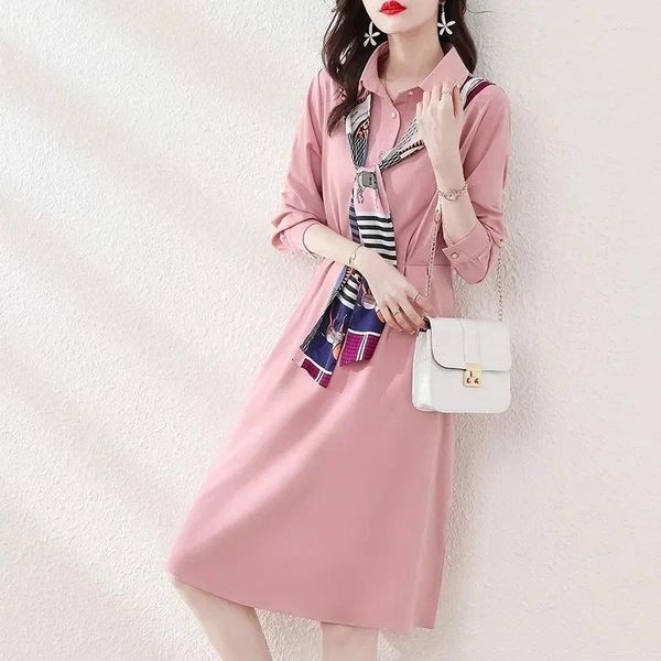 Casual Kleider Fashion Design Pink Langarmes Hemdkleid 2024 Frühling Herbst Frauen elegante mittlere Länge Vestidos weiblich