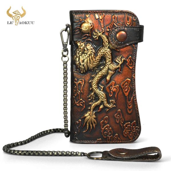 Brieftaschen 2023 Heißverkauf Luxus männliches Rinder echtes Leder Design Dragon Boss Scheckbuch Eisenketten Organizer Wallet Geldbeutel Clutch 1088