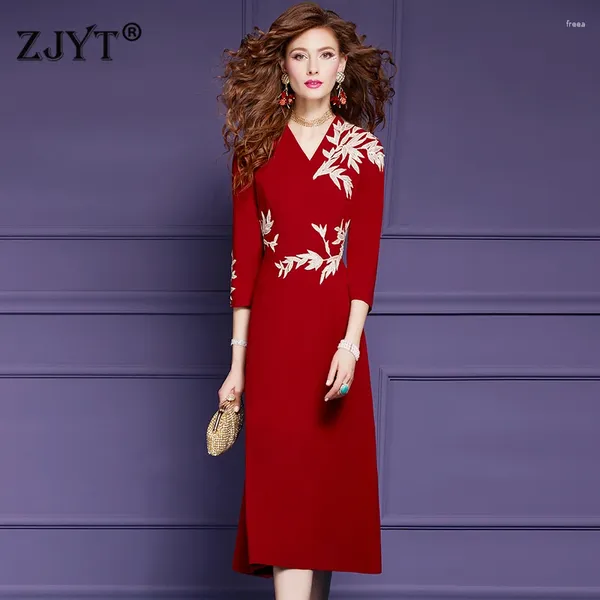 Vestidos casuais zjyt bordado floral feminino midi elegante vestido de festa vintage de primavera vermelha vestidos pretos plus size roupas femininas