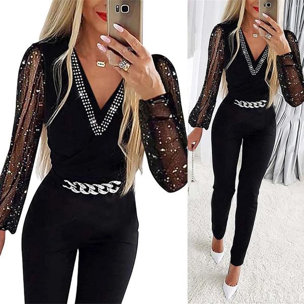 Frauen zweisteuelhafte Hosen Frauen glänzender Mesh -Maschenglamous schwarzer V -Neck -Jumpsuit Langarm Körper Slim Snow Pullover