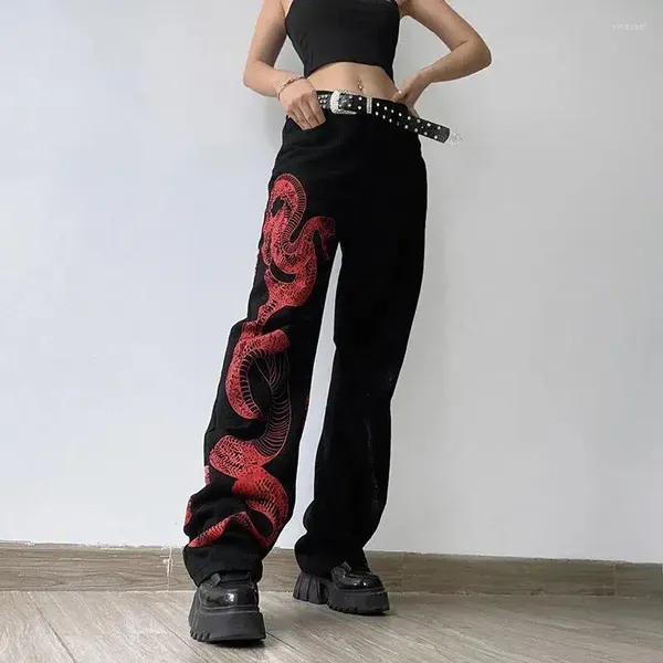 Jeans femminile vintage y2k donne serpenti a gamba larga nera stampati pantaloni di strada da strada coreano harajuku pantaloni dritti sciolti