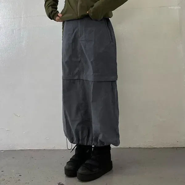Saias cinzas drawtring split saia longa rua mulheres altas cintura moda coreana cargo básico senhora harajuku y2k roupas kawaii