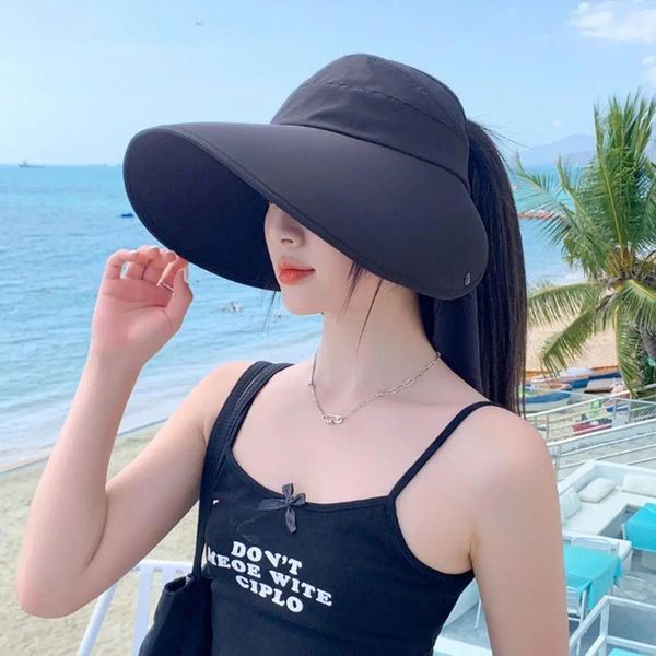 Big Brim Women Summer Hat Hat Beach Chapéus largos Uv Panamá PanamA Caps Solar Protection Balde Ponytail dobrável Z6G3 240417