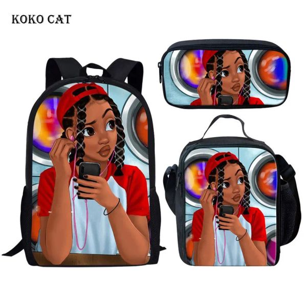 Taschen Koko Cat Back to School Kids Bag Black Art African Girls School Taschen Kinder 3pcs/Set Grundschule Rucksack -Schüler Buchbag