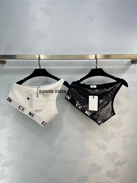 2024Designer Vest Brand Croptop tops femininos lantejoulas com um ombro tanque curto top bralette camisola