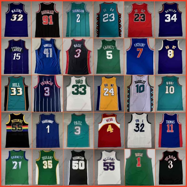 Classic Retro costuraram camisa de basquete vintage Iverson Nash Anthony Ewing Carter McGrady Hardaway Malone Mutombo Bibby Payton Barkley Bryant Williams James