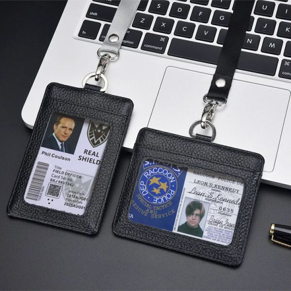 Halter neuer echtes Leder schwarz echtes Leder -Ausweis -Karten -Kartenbadeholder Arbeiter Genehmigung Nist Card Card Hülle mit lanyard -Bürozubehör