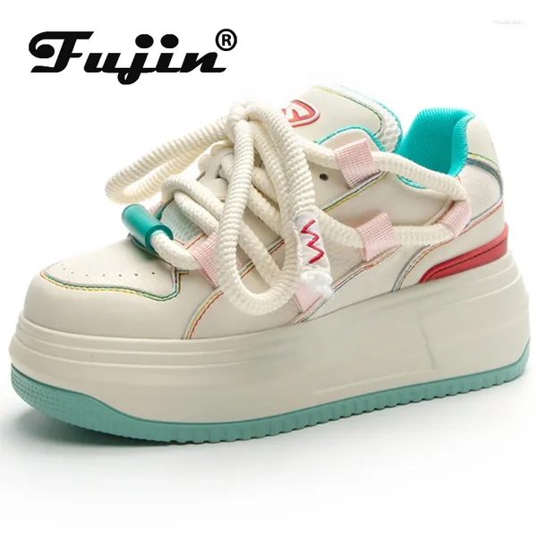 Lässige Schuhe Fujin 6cm gemischte Farbe Kuh echte Leder klobige Sneakers gepolsterte Keilplattform -Ferse Pumps Mode Comfy Women