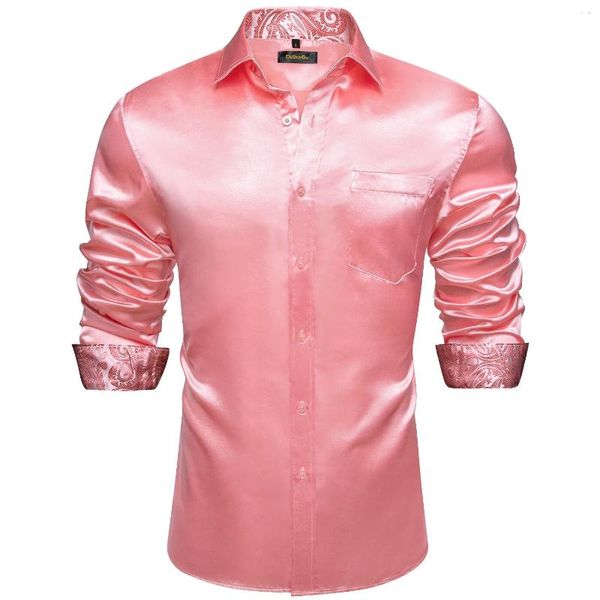 Camisas de vestido masculinas Luxury rosa sólido esticador de cetim smoking para homens camisa de festa de casamento de manga comprida com roupas casuais casuais