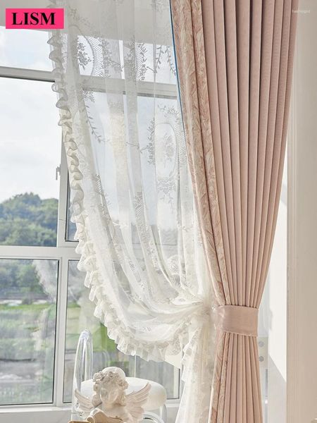 Vorhang Französisch Pink Blackout Vorhänge Princess Stil Schlafzimmer Leichte Luxus High-End Girl Room Bay Fenster Custom Spleißtuch Tüll Tüll