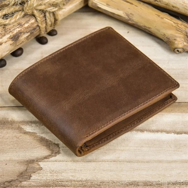 Carteiras Crazy Horse Horse Leather Men Wallet Presente para homens Designer de marca masculino Mans Bolsa de moedas Retro moda Men Burse Short Style