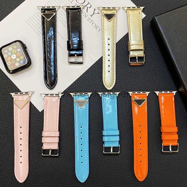 Apple Watch Strap Series 9 8 4 5 6 7 Ultra 42mm 44mm 49mm Moda Parlak Renkli Deri Kabartma Tasarımcı Üçgen P IWATCH BANTLAR MM76262F