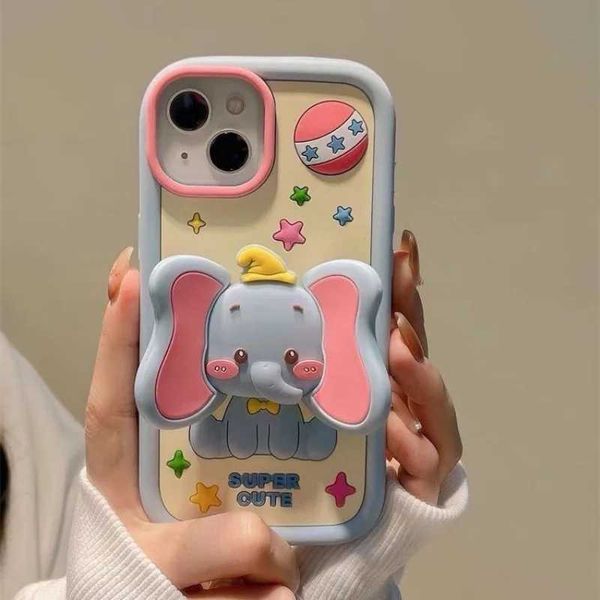 Casos de telefone celular 3d desenho animado capa fofa de elefante para iPhone 15 14 13 12 11 Pro Max Soft Silicone Shopfrof com suporte para iPhone J240418