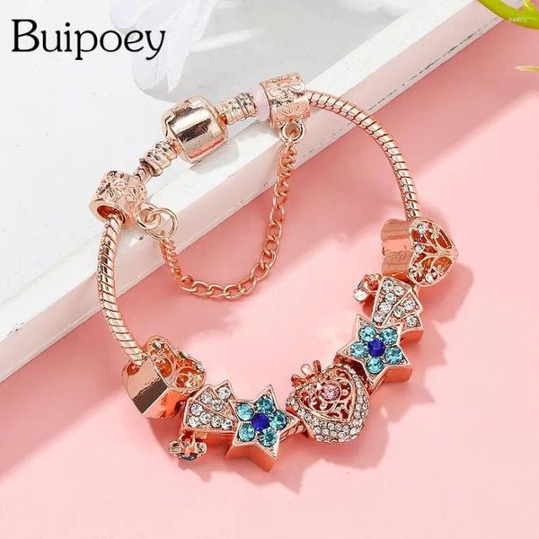 Pulseiras de charme Buipoey Rose Gold Crown Heart Bead Tree of Life For Women Girls Meteor Star Pingente Bangle Jóias Presentes