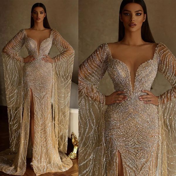 Suudi Arabistan Haute Couture Denizkızı Gelinlik İllüzyonu Yüksek Bölünmüş Gelinlik Gelinlik Gelin Prenses Ünlü Boncuk Sequins Robes Robe de Mariage