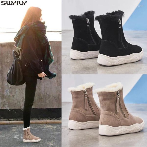 Botas Swyivy Chaussure Plataforma Femme Sapatos de inverno feminino Solid Soll Plush 2024 Snow Woman Woman Round dedo Botas 40