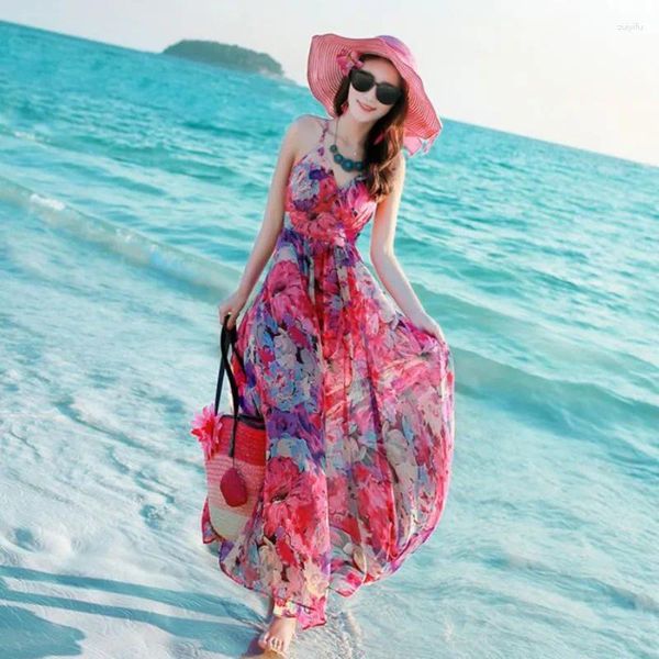 Abiti casual Boho Summer Beach Dress Long Dress Long Abito a V-Neck Sexy Spaghetti Strap Women senza schienale Stampa floreale Chiffon Longue