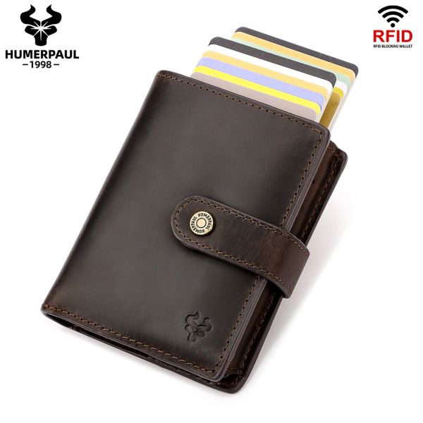 Titulares carteira de couro genuíno para homens Double Aluminium Credit Case Caso RFID Slide Pop Up Bank Card Octar com bolsa de moedas